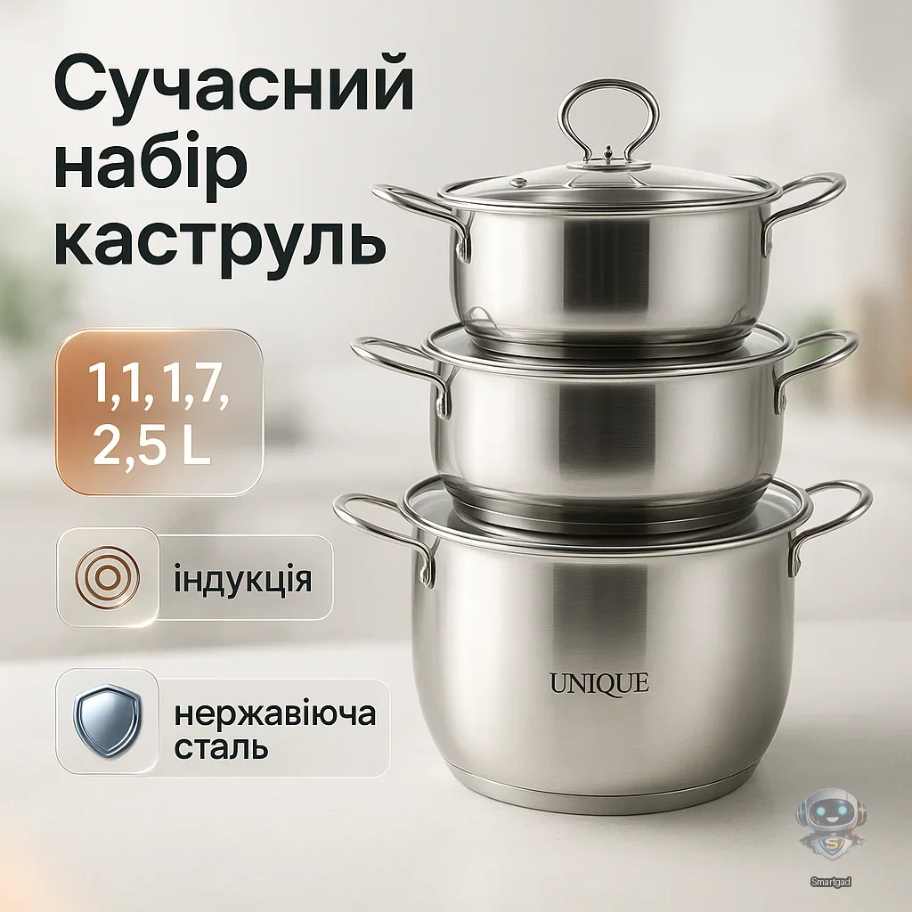 Набір каструль Unique UN-5072 з нержавіючої сталі зі скляними кришками (8 предметів)