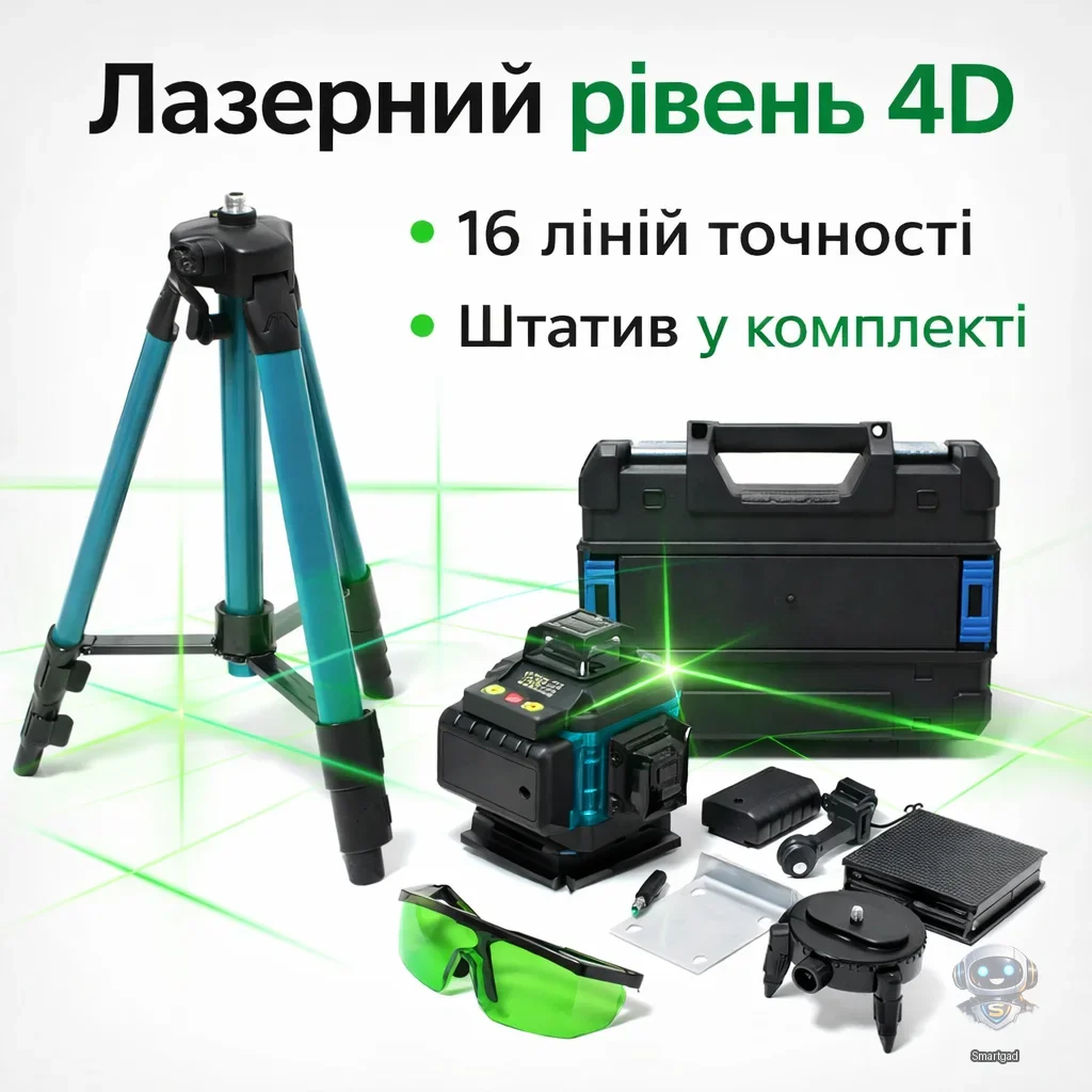 Лазерний рівень 4D/16 ліній Laser Level у кейсі з двома акумуляторами синій