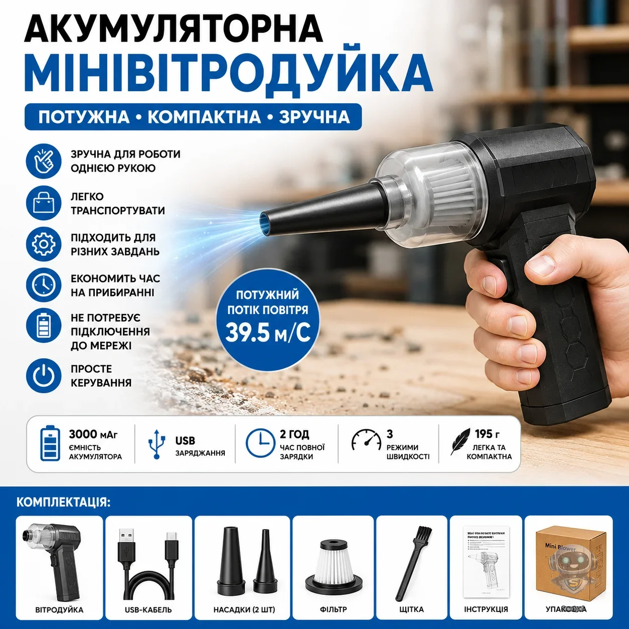 Акумуляторна міні-повітродувка Violent Fan 26X-190 3000 мАг