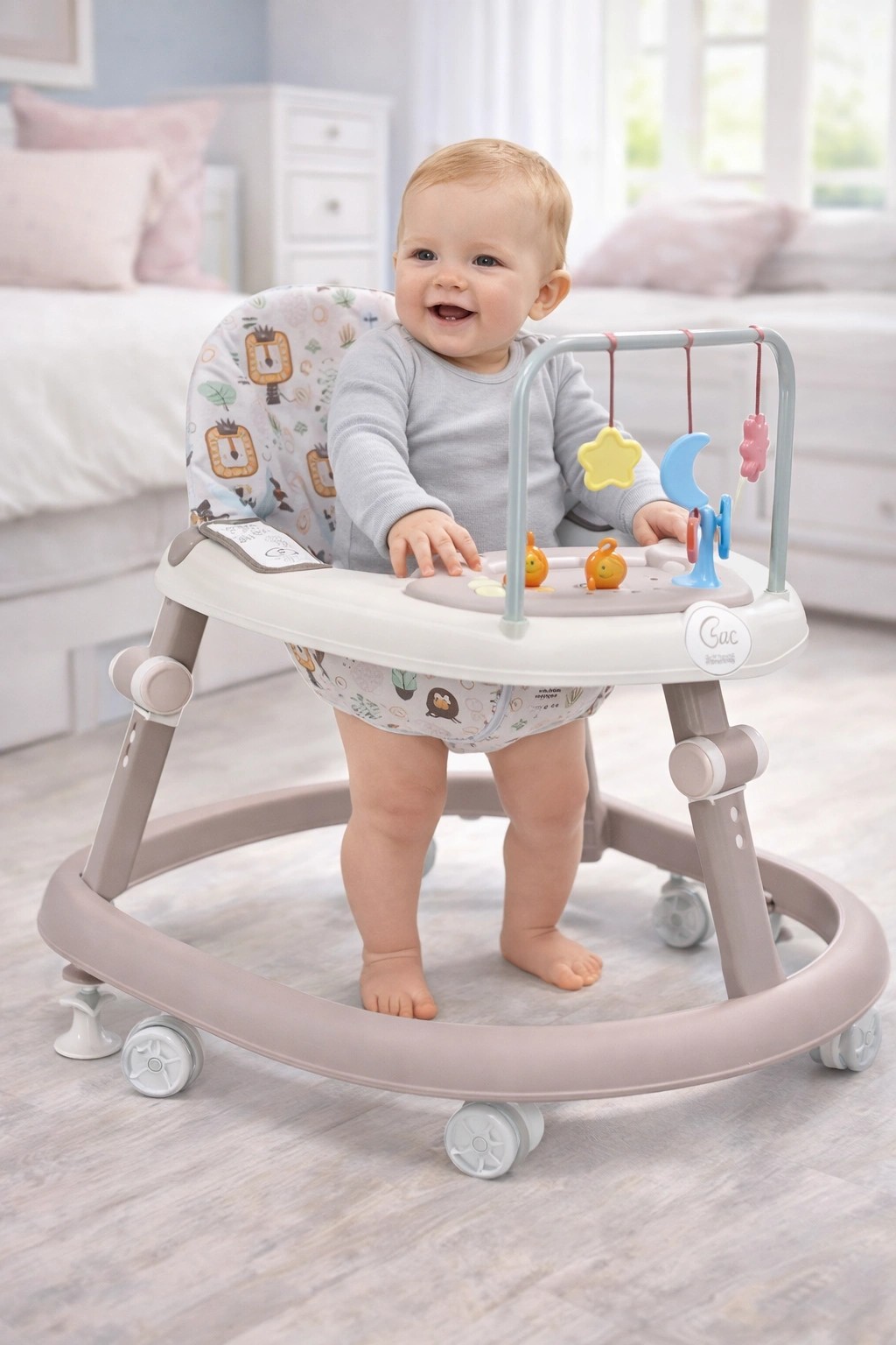 Дитячі складні ходунки X-624 з ігровою панеллю та брязкальцем, бежеві