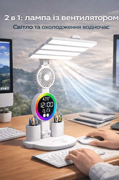 Настільна LED лампа KRX-104 з вентилятором, дисплеєм та акумулятором 3200mAh фото 4