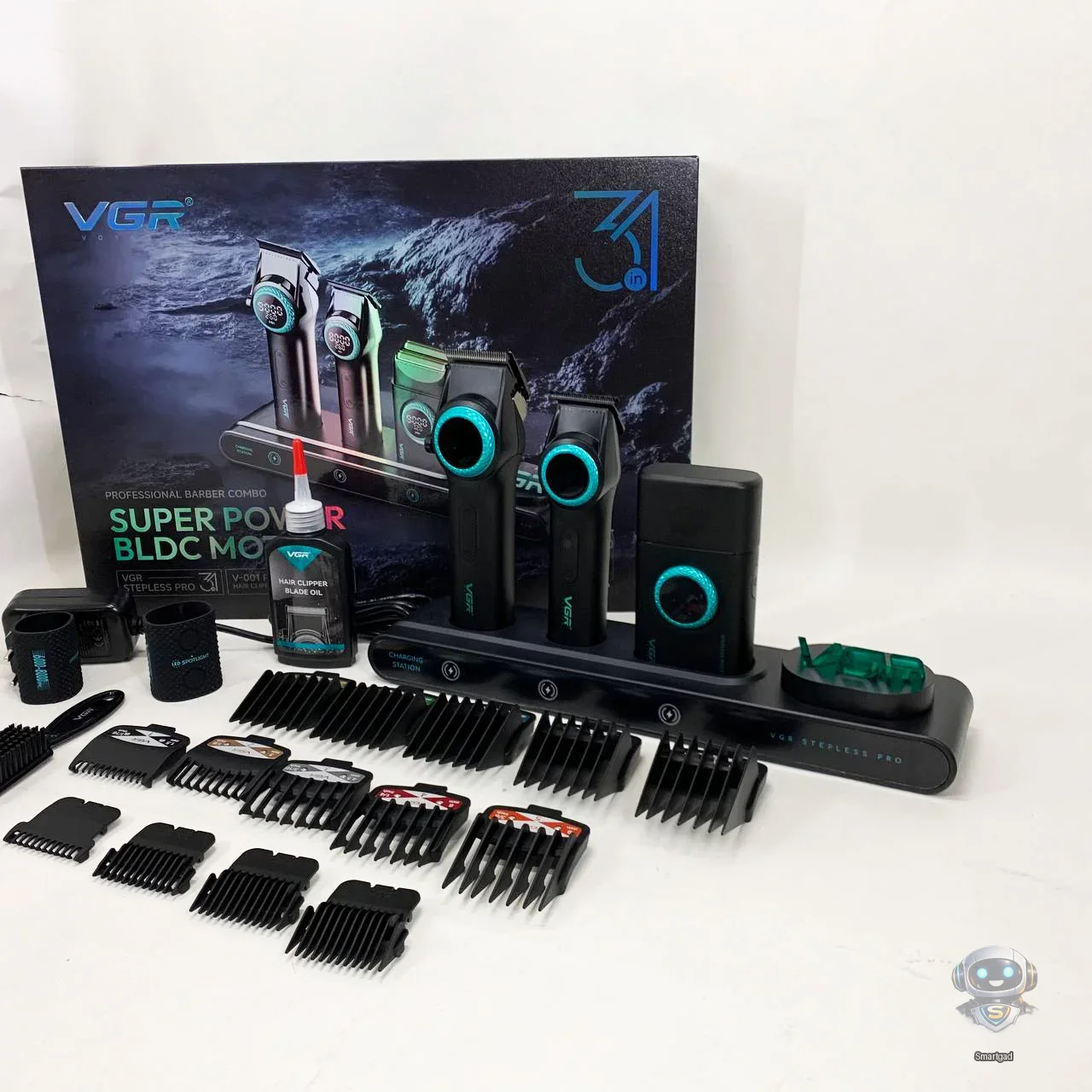 Професійний набір для барберів VGR Stepless Pro 3 в 1 BLACK (Машинка, тример, шейвер)