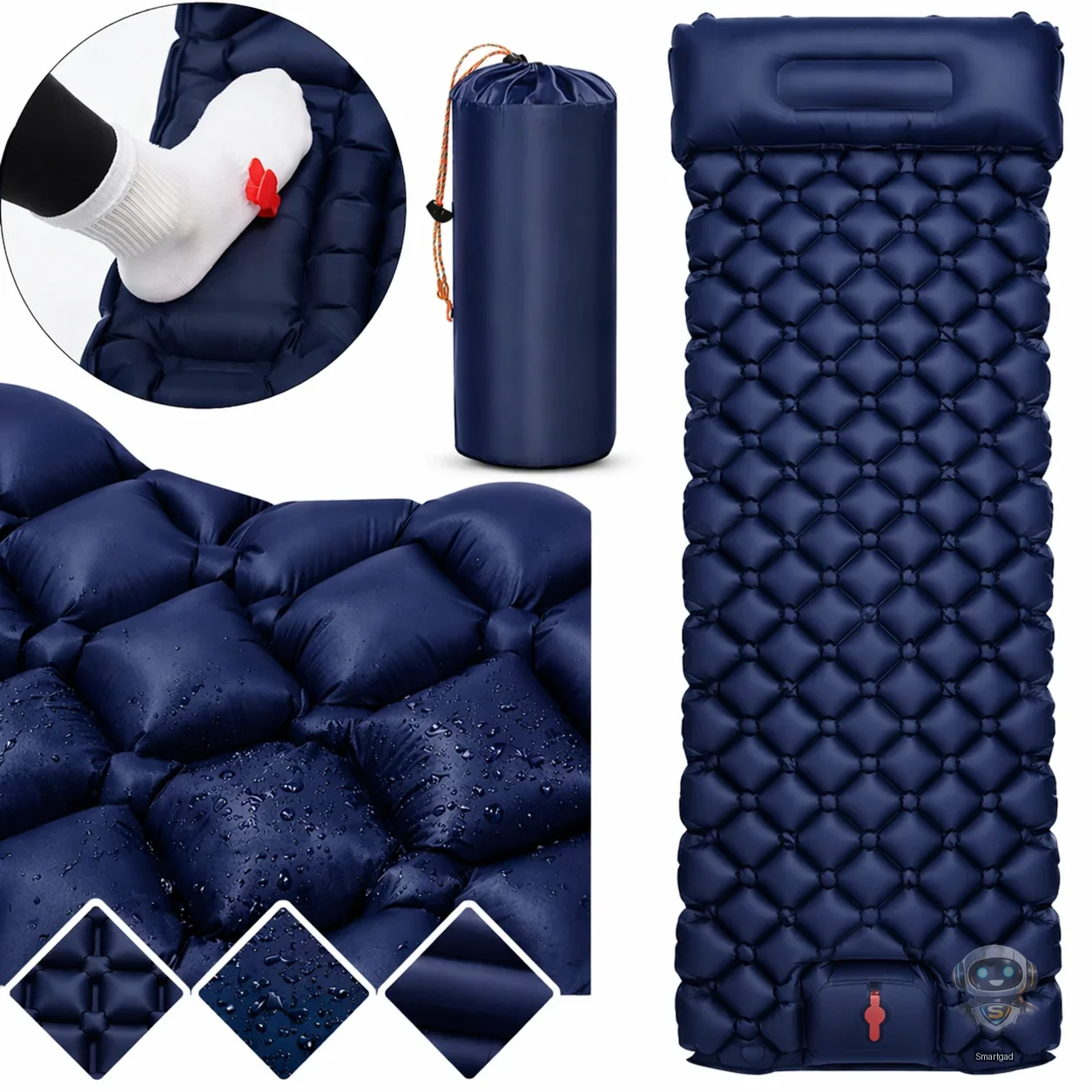 Туристичний надувний матрац-каремат з подушкою та вбудованим насосом Outdoor Sleeping (60х190 см) (Темно-синій)