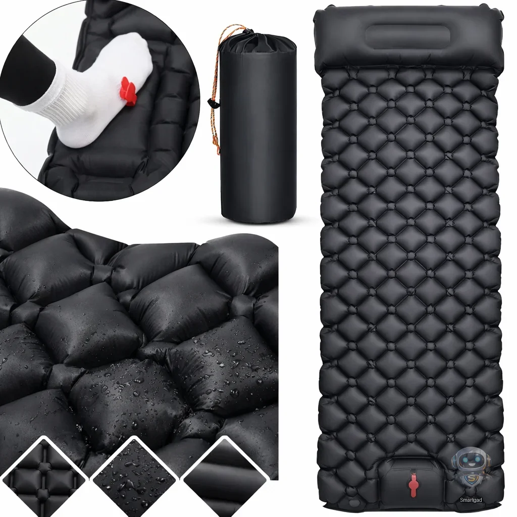 Туристичний надувний матрац-каремат з подушкою та вбудованим насосом Outdoor Sleeping (60х190 см) (Чорний)