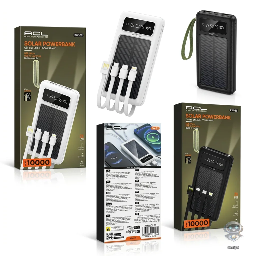 Портативний зарядний пристрій (Power Bank) ACL PW-59 Solar із сонячною панеллю та 4 кабелями / 10000 mAh / Чорний