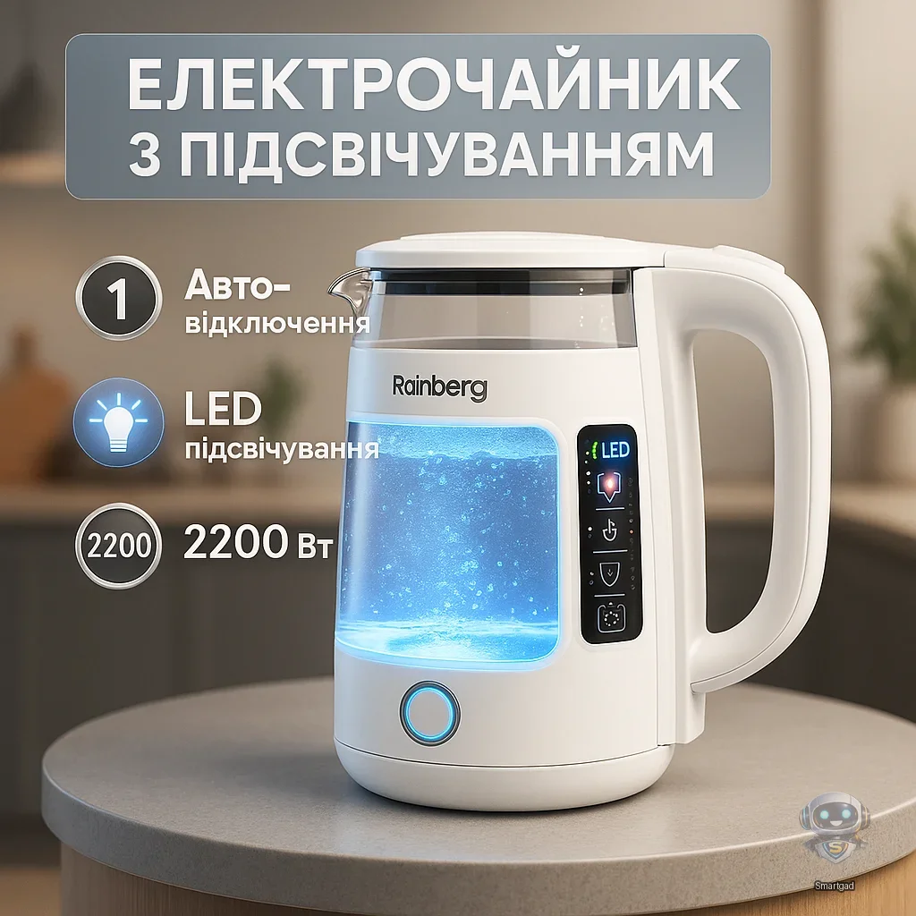 Електричний чайник Rainberg RB-2220 скляний із LED-підсвіткою / Білий / 2 л