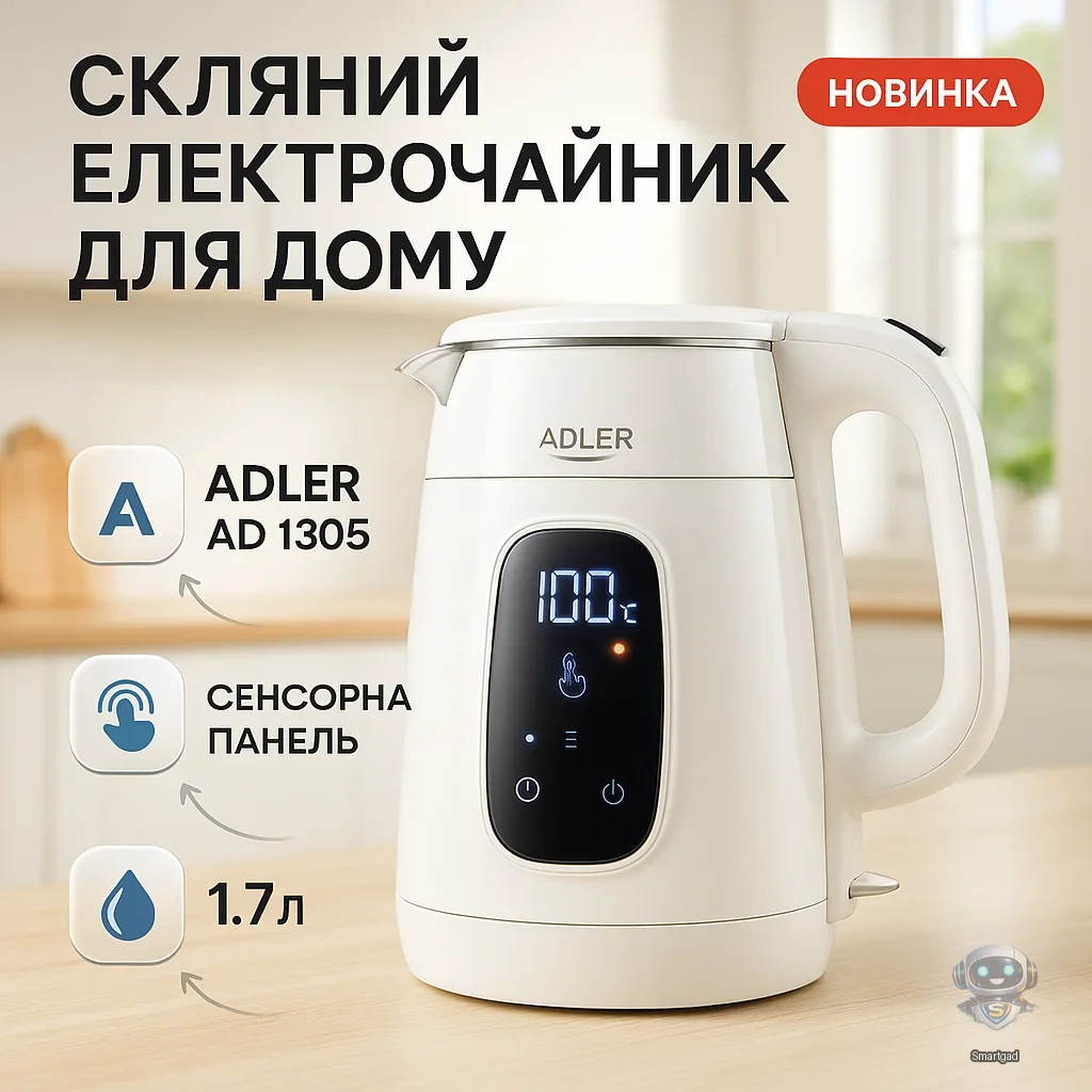 Електричний чайник Adler AD 1305 з терморегулятором і LED-підсвіткою / Чорний / 1.7 л