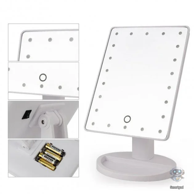 Настільне косметичне дзеркало для макіяжу з LED-підсвіткою біле розкладне
